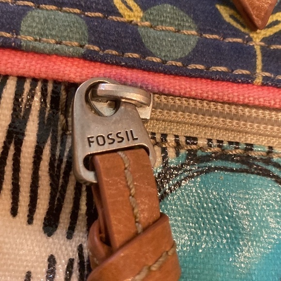 Fossil Key-Per Crossbody Bag Purse Coated Canvas BlueTeal Brown Lime Brown Cream - Picture 2 of 11